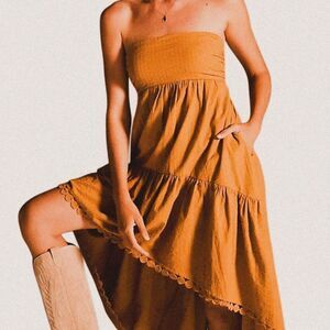 Maeve Anthro Golden Hour Strapless Tiered Midi Dress  Boho Cottagecore Ruffle S